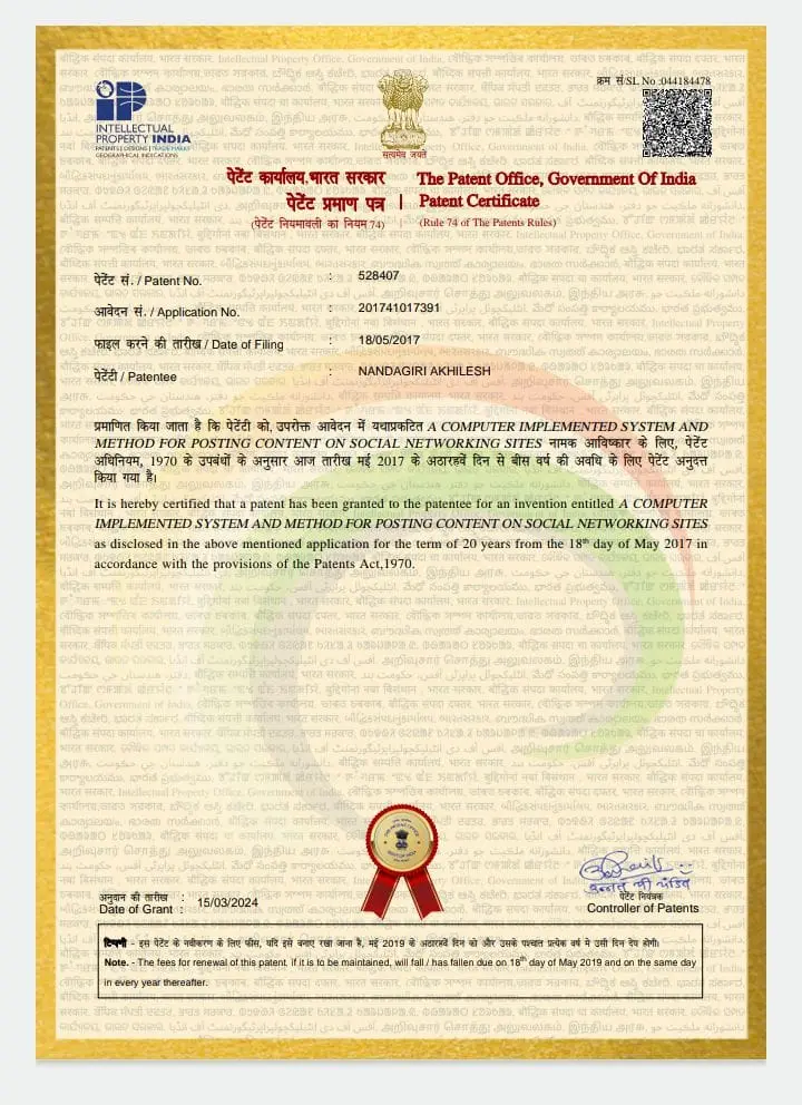 Patent certificate for Indian Patent No. 528407